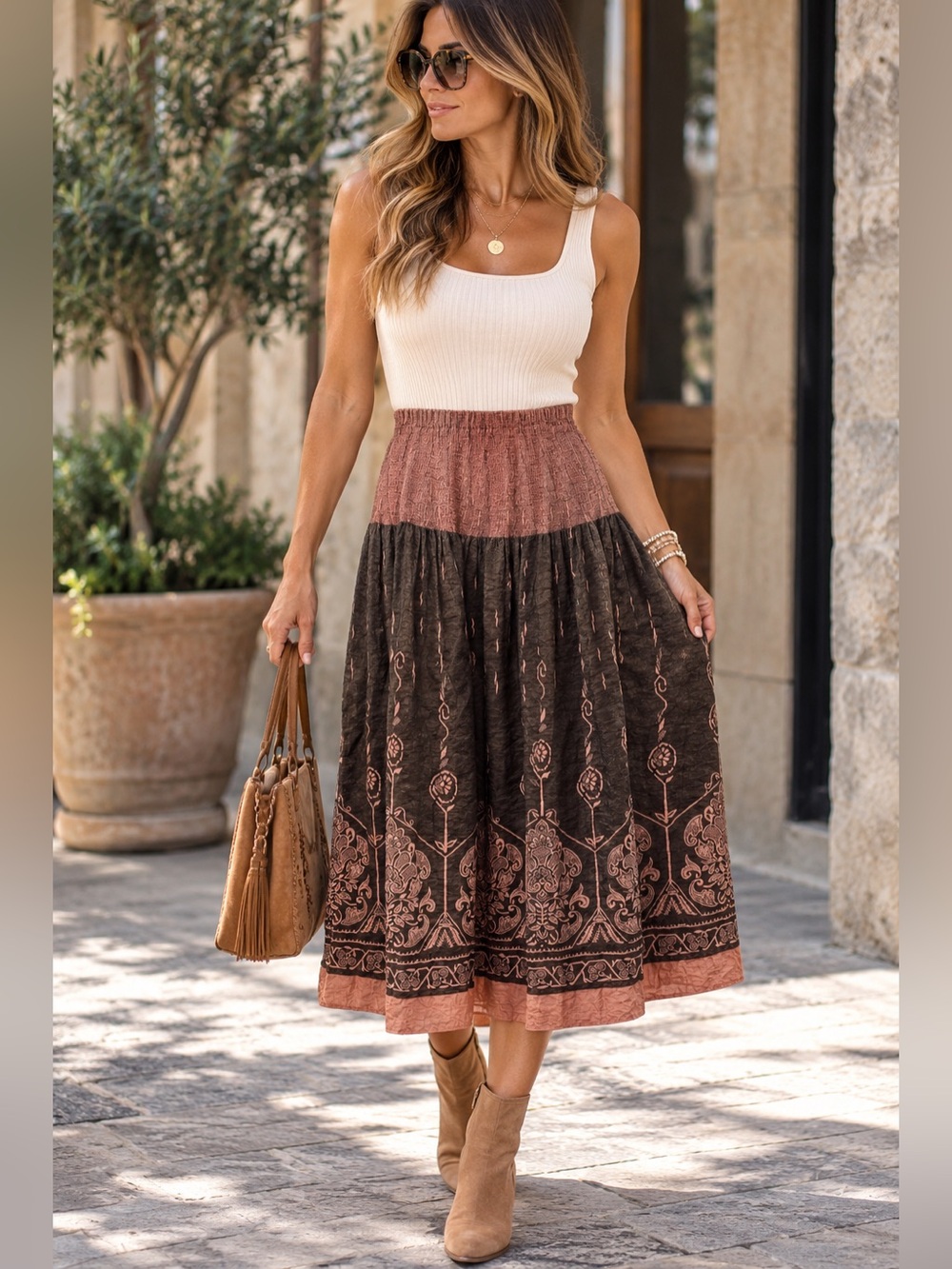 Coldwater Creek Petite Medium Brown Rust Metallic Paisley Midi Skirt
